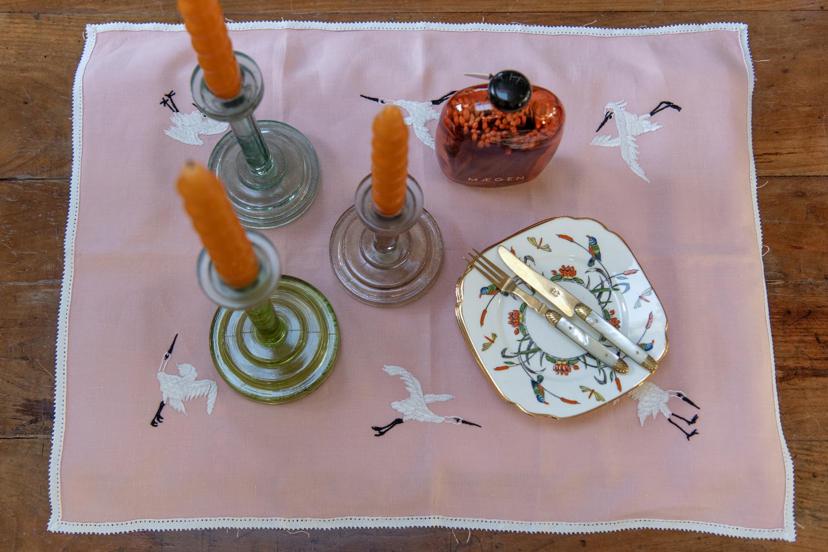 Vintage crane embroidered tray cloth - Natalia Willmott