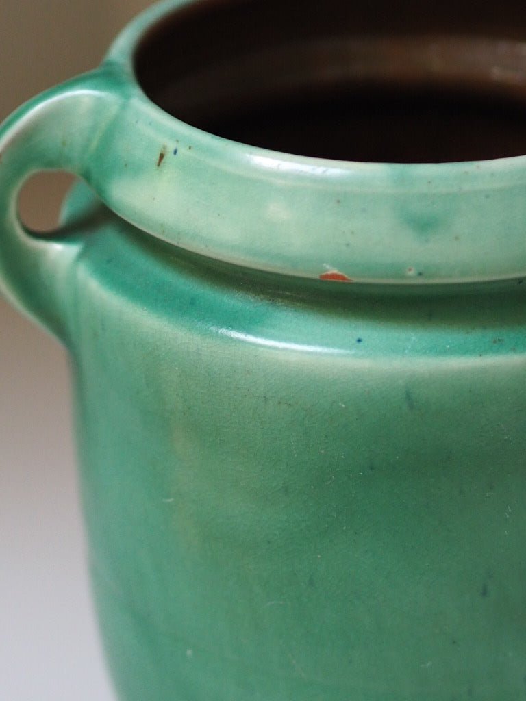 Vintage earthenware and green glaze pot with handles by C.H Brannam & Sons Ltd - Natalia Willmott