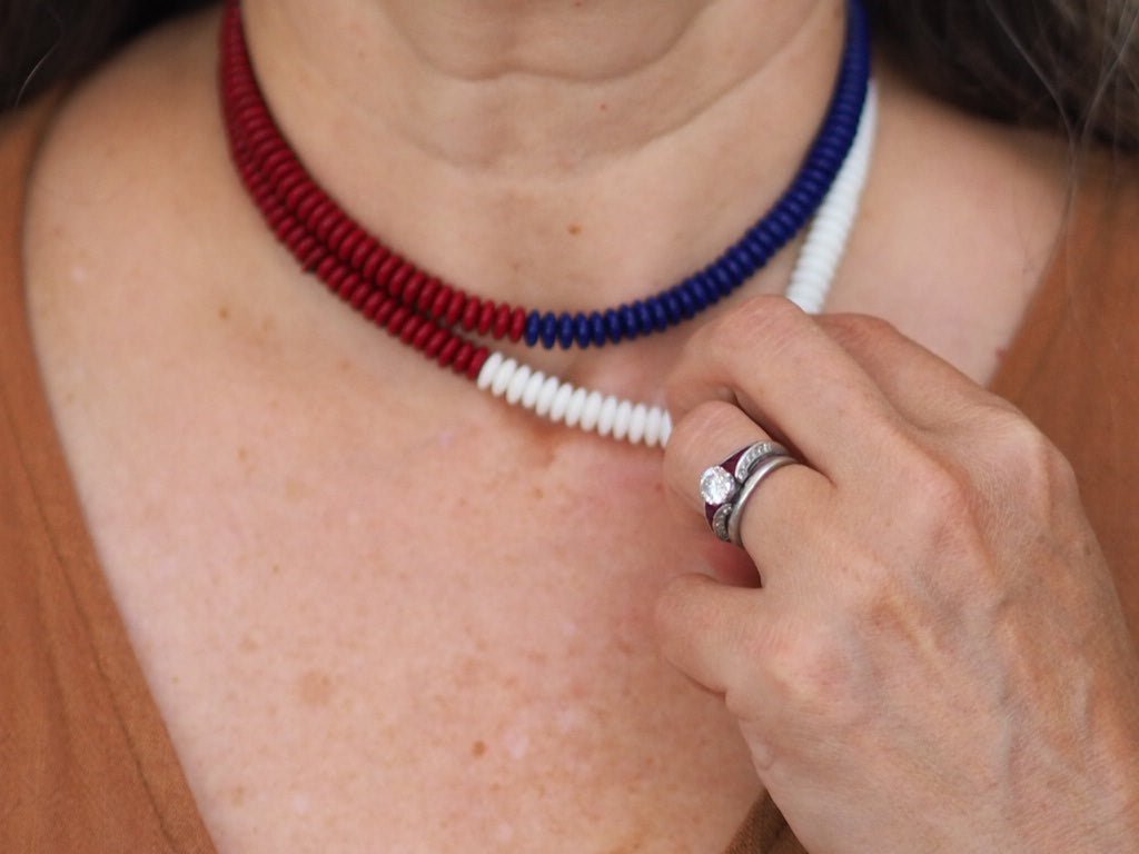 Vintage glass red white and blue beads earrings and necklace - Natalia Willmott