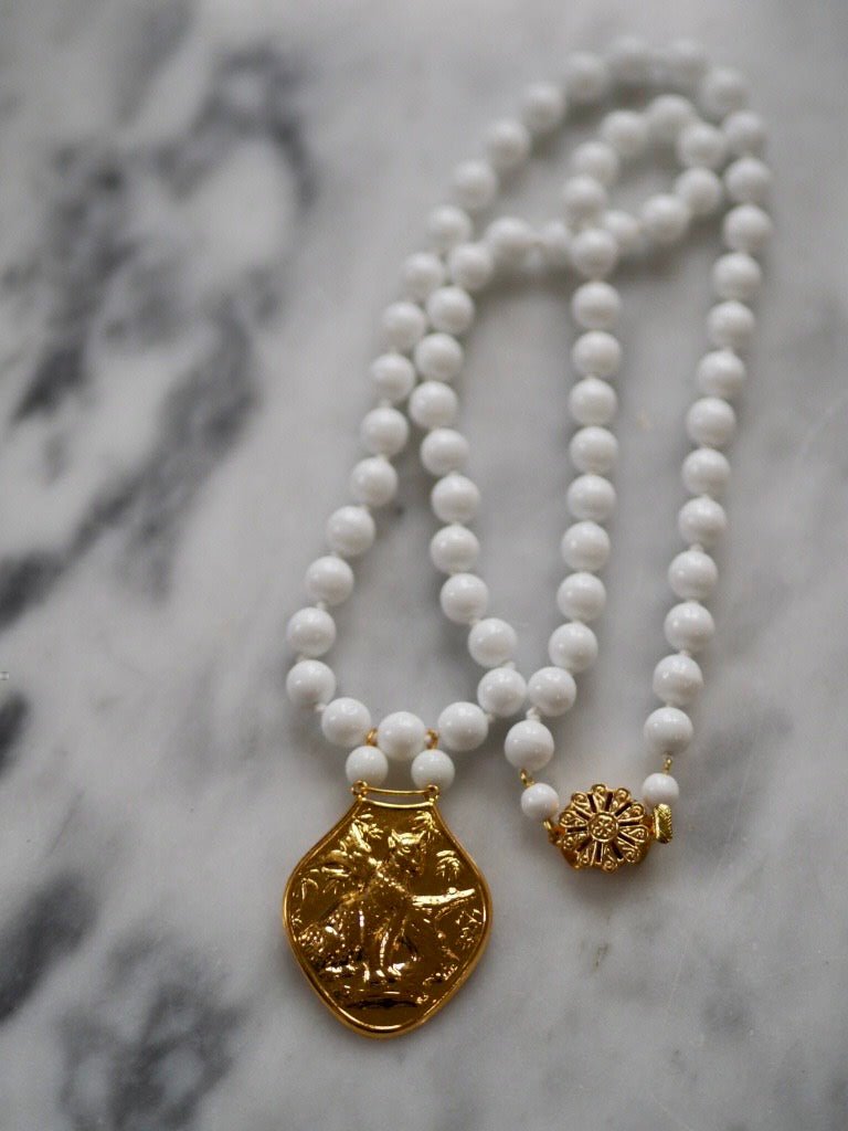 Vintage milk beads necklace with leopard pendant - Natalia Willmott