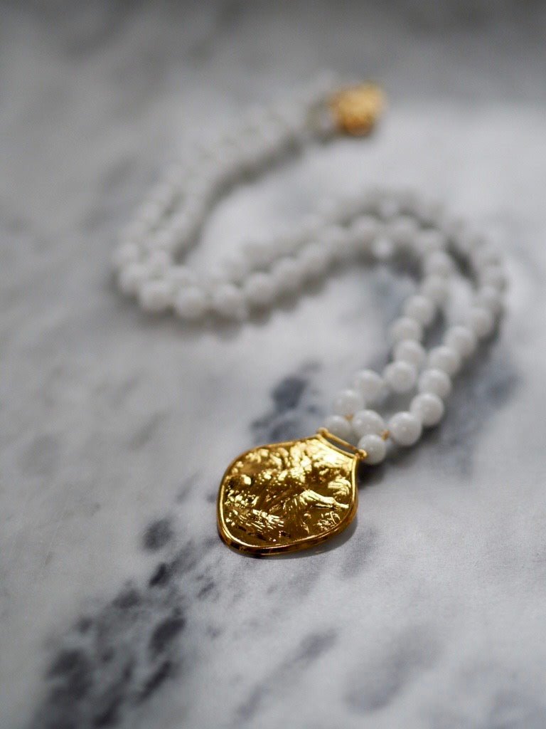 Vintage milk beads necklace with leopard pendant - Natalia Willmott