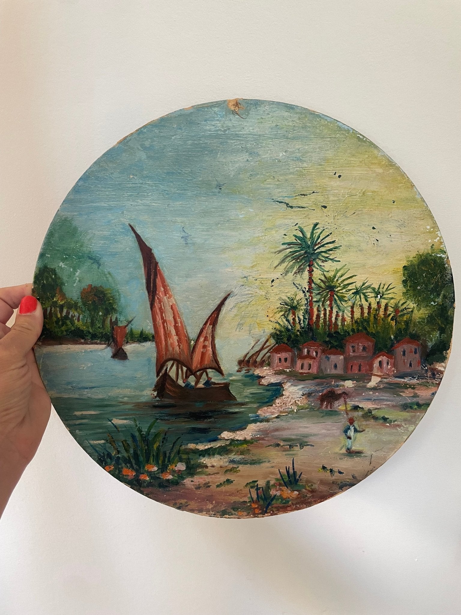 Vintage round oil painting Feluccas - Natalia Willmott