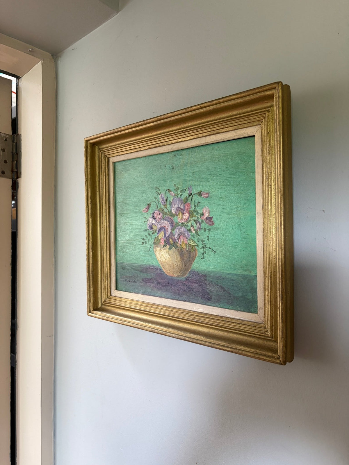 Vintage small acrylic painting- sweet peas - Natalia Willmott
