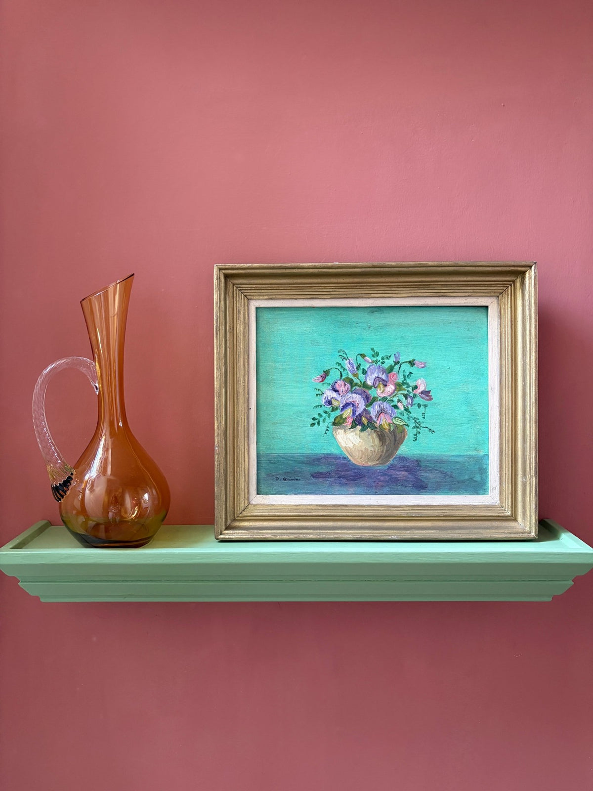 Vintage small acrylic painting- sweet peas - Natalia Willmott
