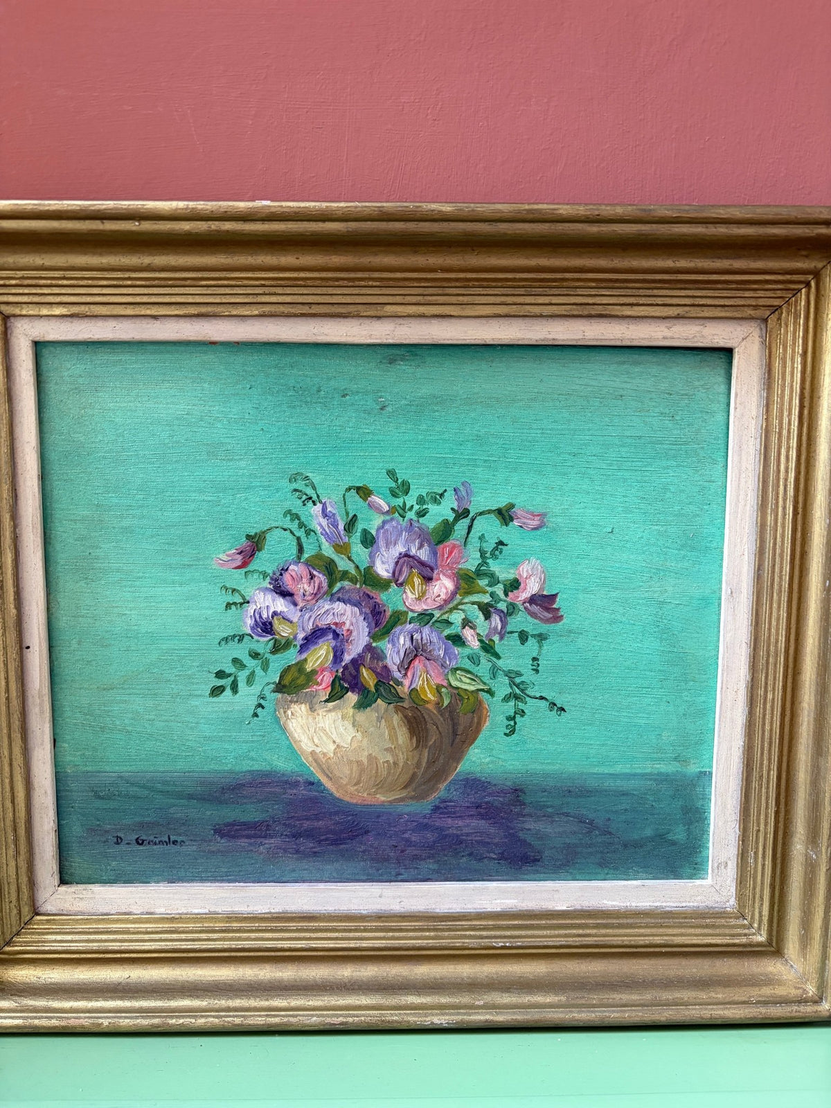 Vintage small acrylic painting- sweet peas - Natalia Willmott