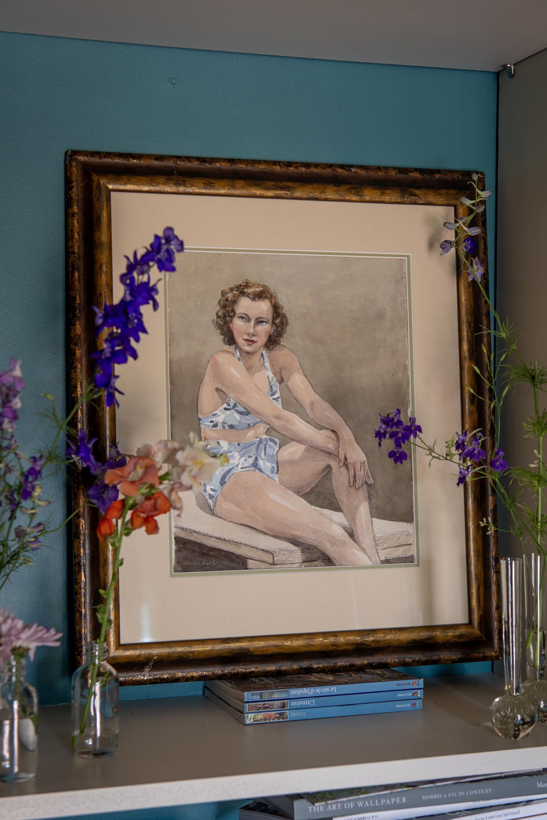 Watercolour of a lady in a blue two-piece swimsuit, 1949 - Natalia Willmott