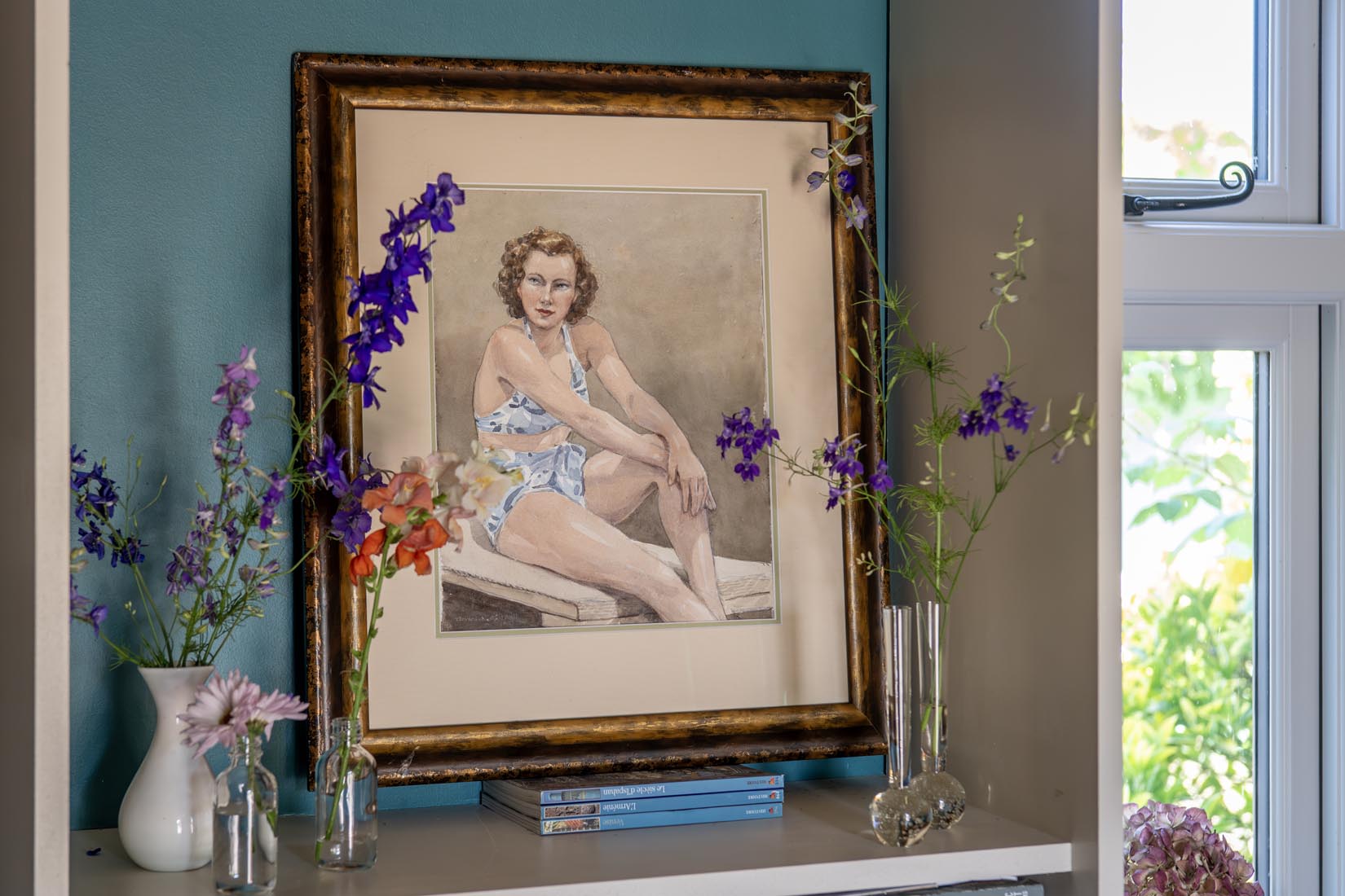 Watercolour of a lady in a blue two-piece swimsuit, 1949 - Natalia Willmott
