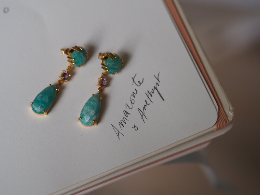 Amazonite and amethyst pendant earrings - Natalia Willmott