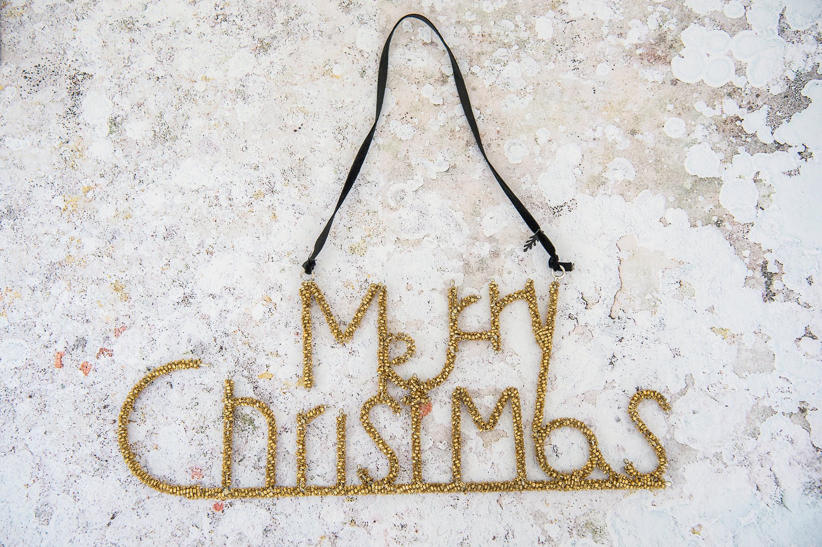 Beaded Merry Christmas sign in gold - Natalia Willmott