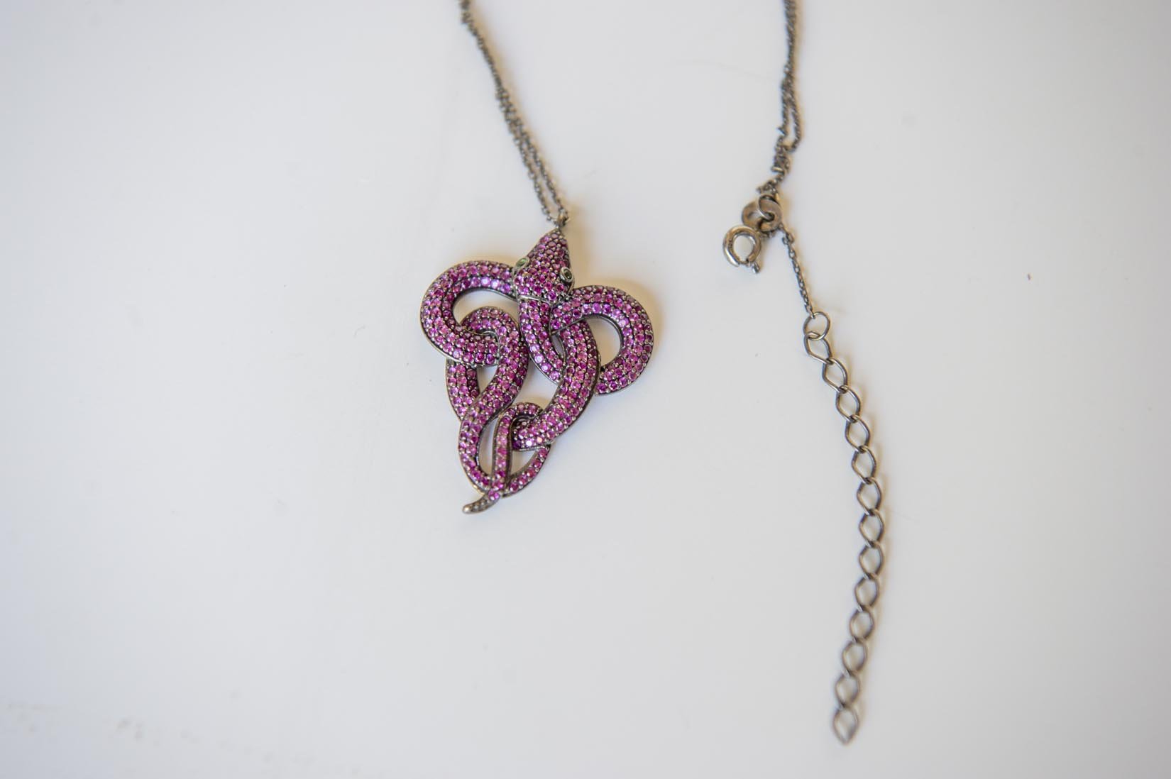 Black rhodium and pink zircon snake pendant necklace - Natalia Willmott