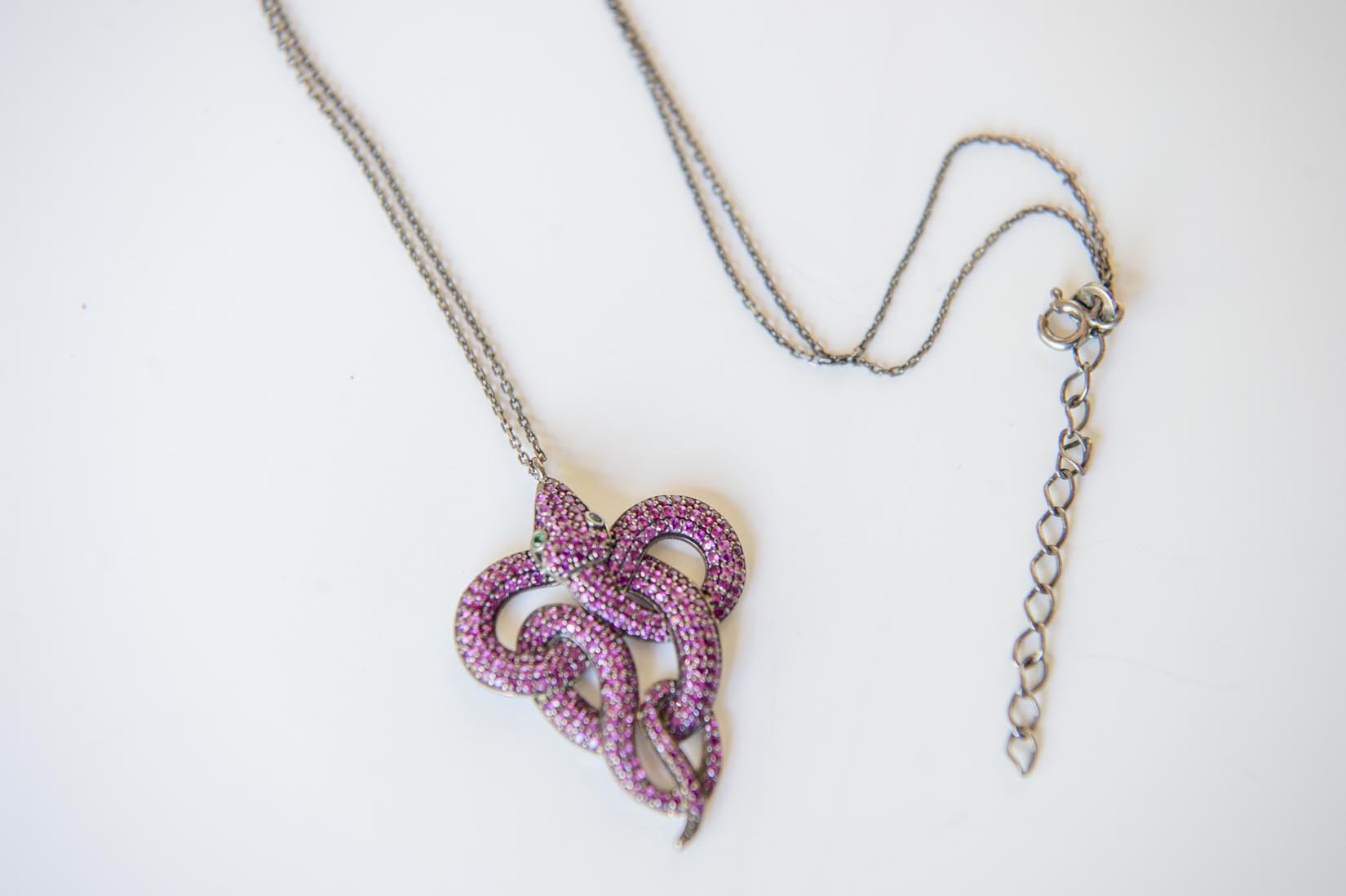 Black rhodium and pink zircon snake pendant necklace - Natalia Willmott