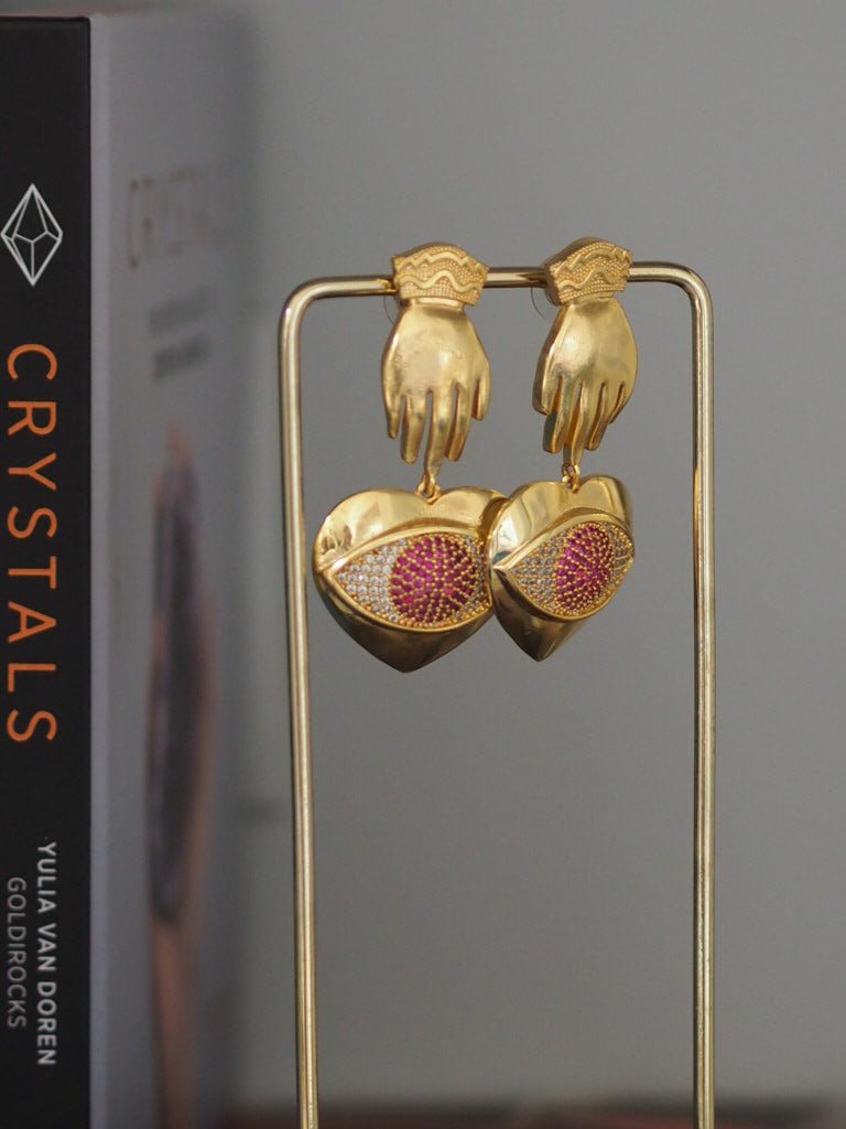 Brass hand and heart earrings with zircon - Natalia Willmott