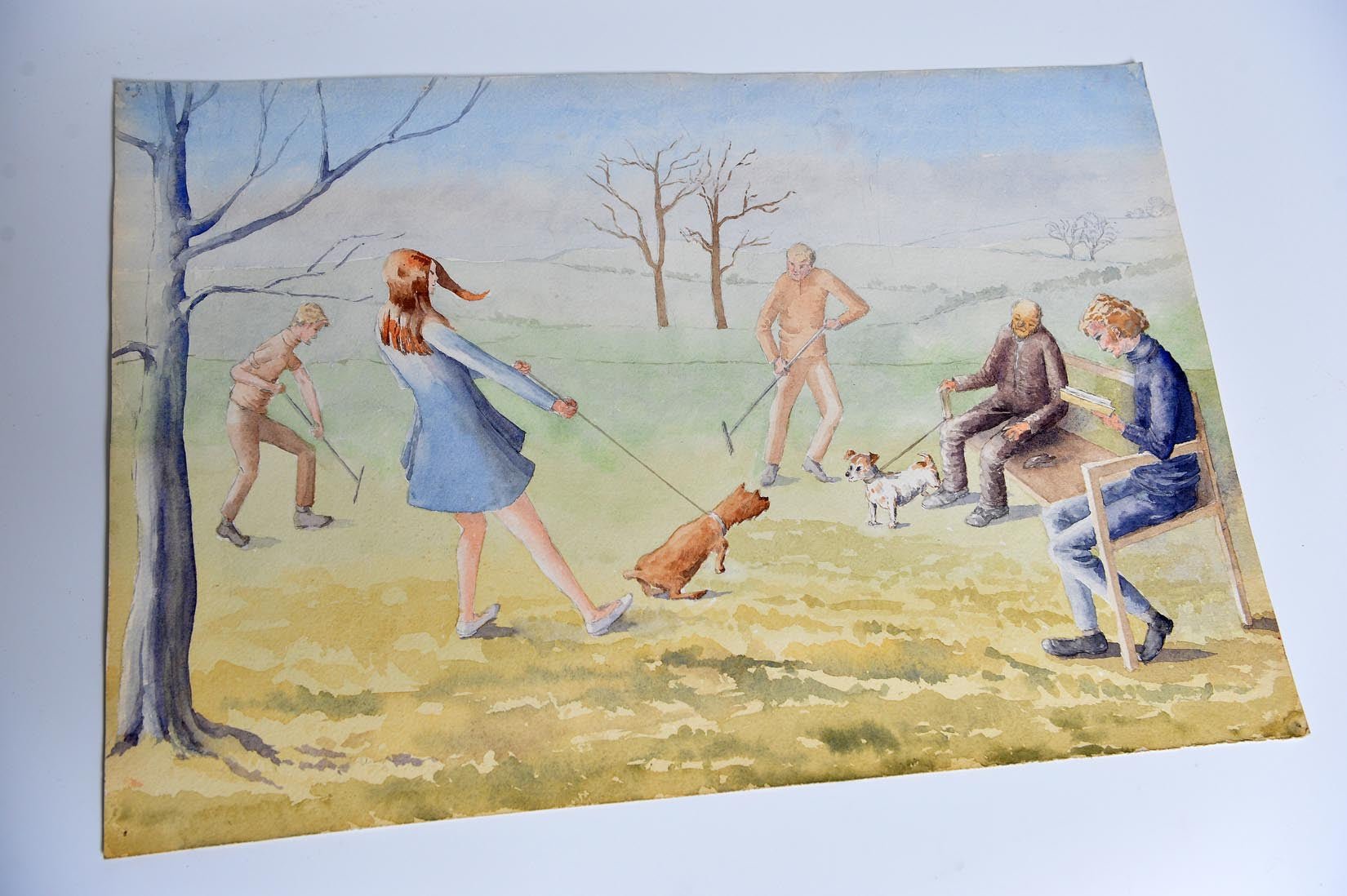 Dogs greeting in a park watercolour by A. Whitworth - Natalia Willmott