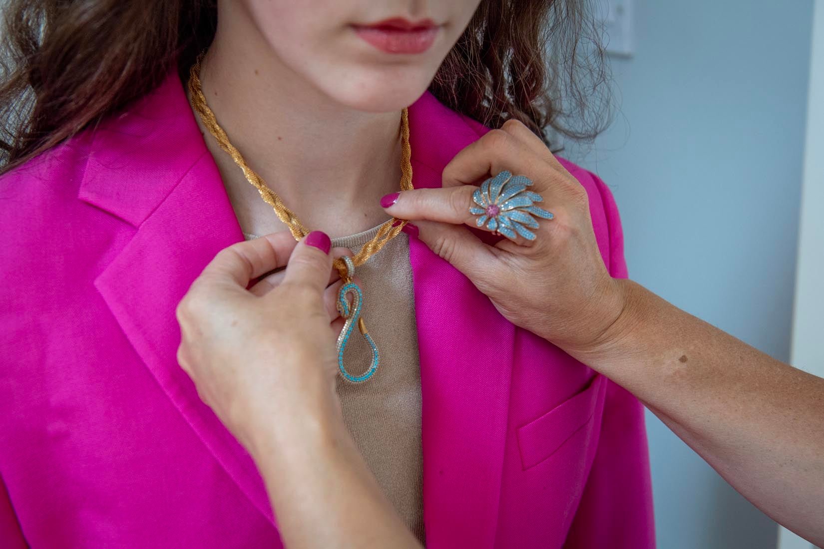 Flower turquoise and pink zircon on gold jewellery - Natalia Willmott