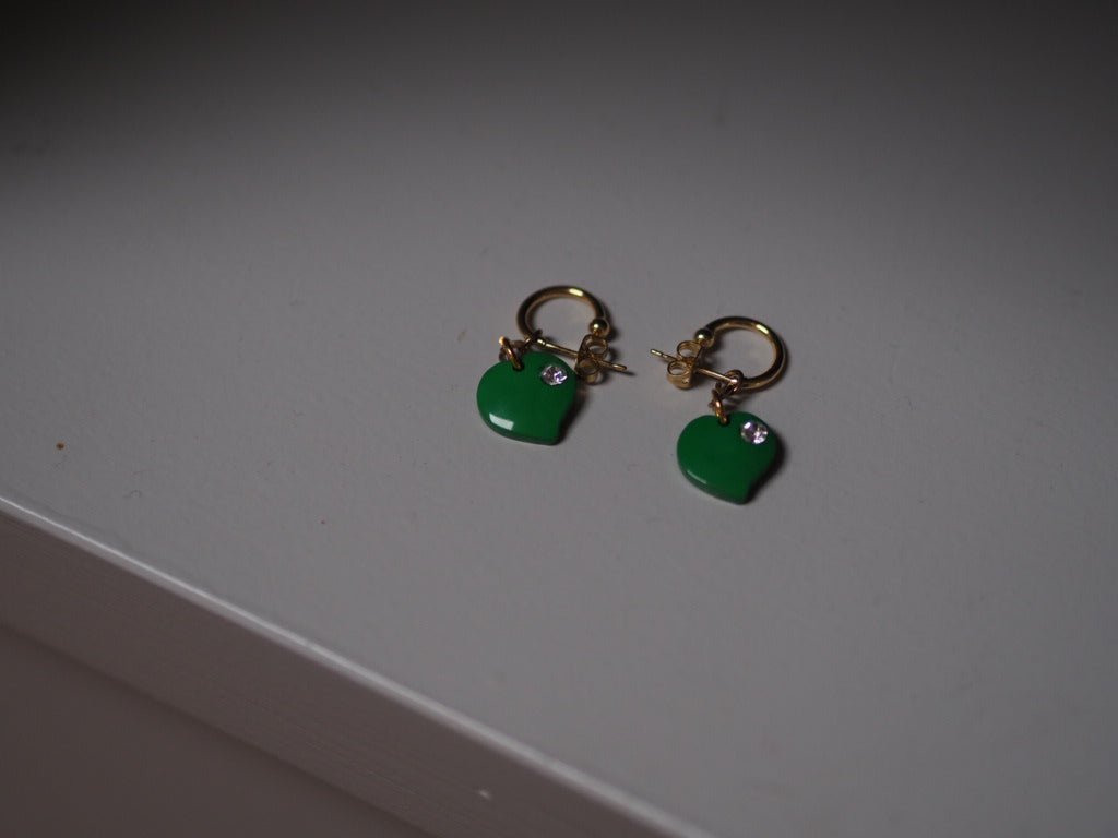Gold filled hoops with vintage green hearts - Natalia Willmott