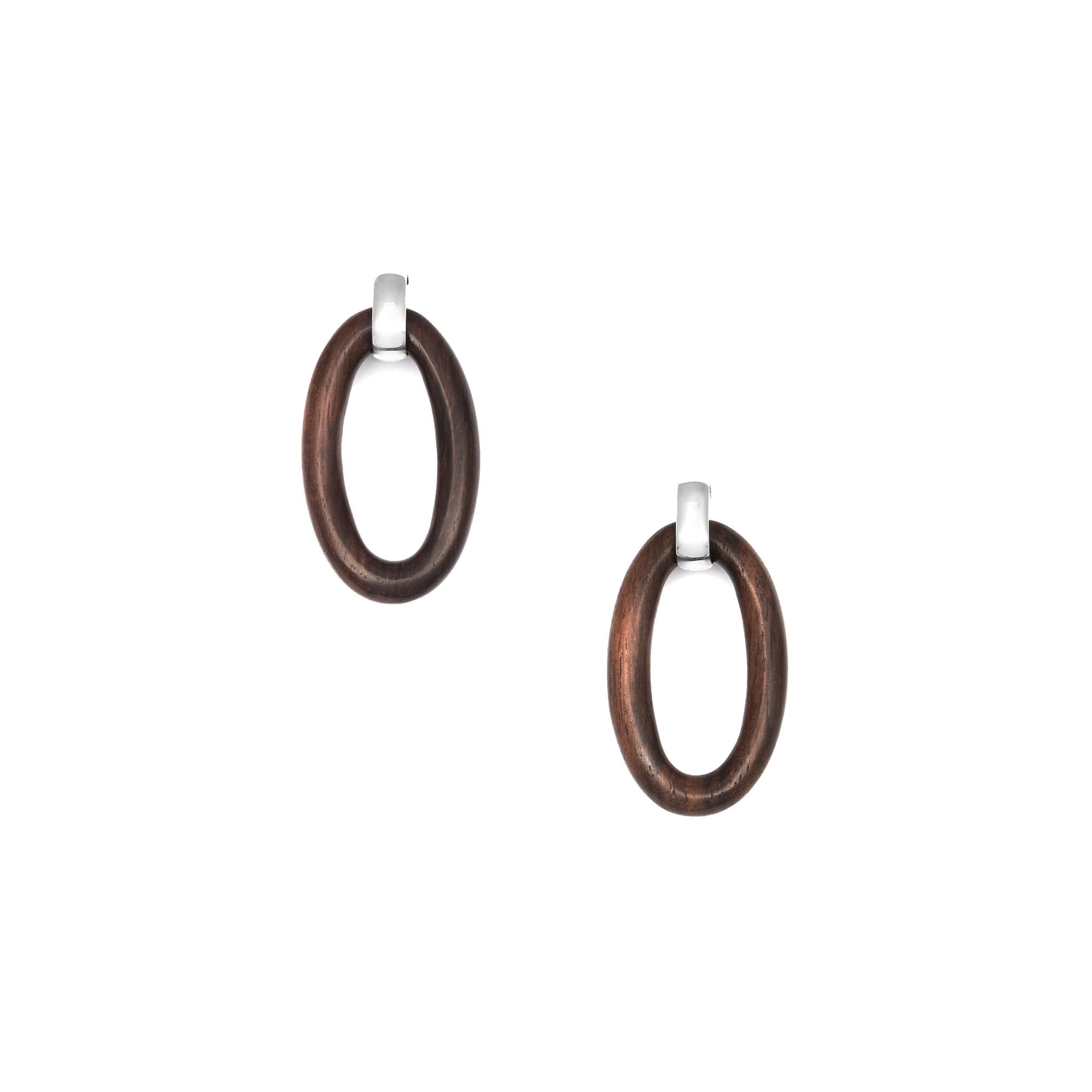 Oval wood hoop earrings with silver setting - Natalia Willmott