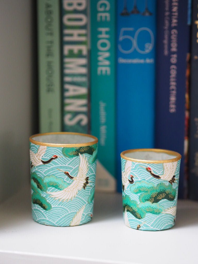 Pair of votive tea light holders- light blue cranes - Natalia Willmott