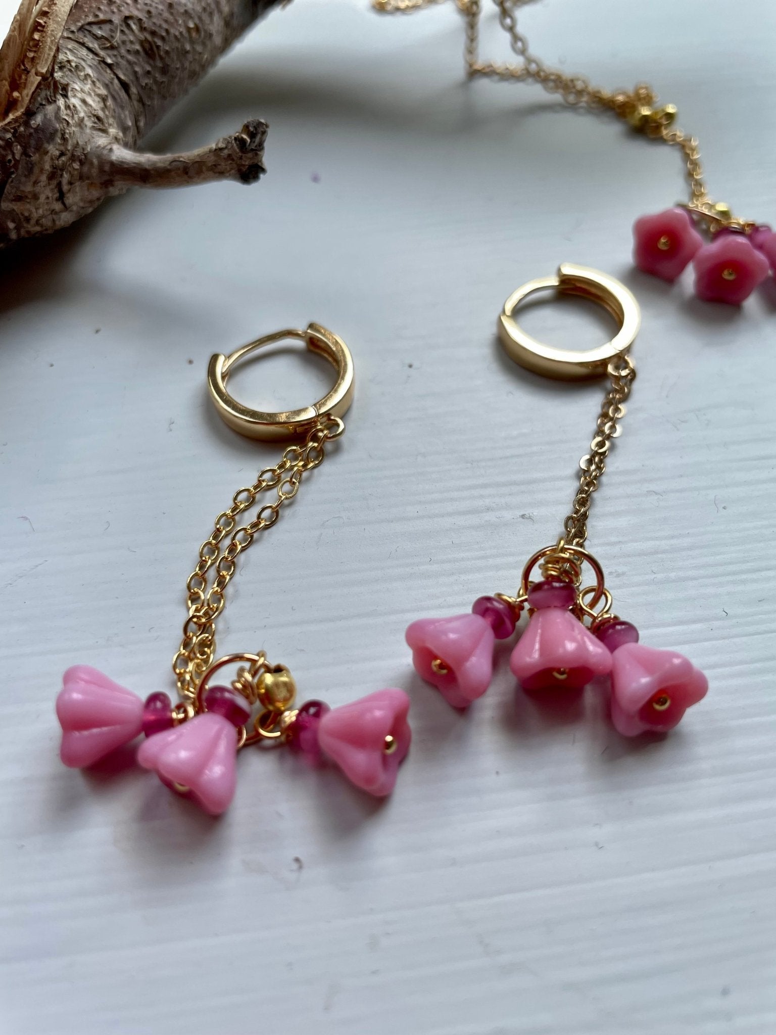 Pink bell gold plated earrings or necklace - Natalia Willmott