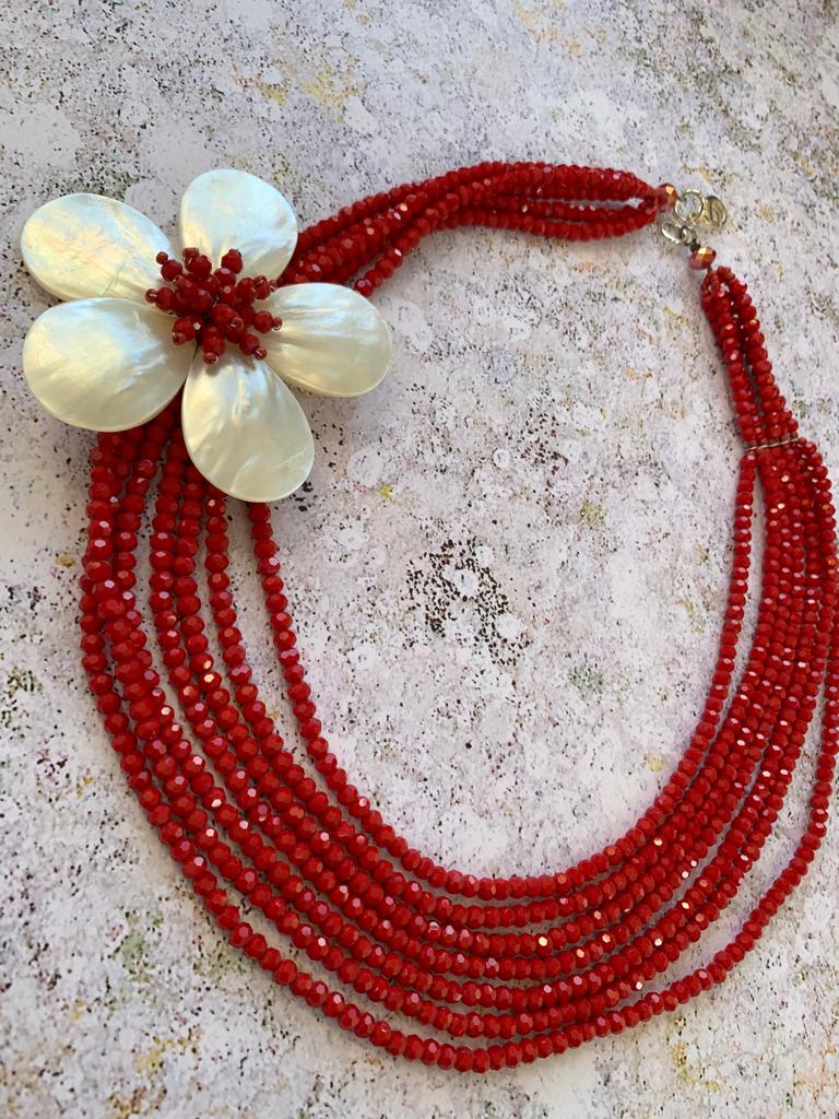 Red beaded multistrand necklace with mother-of-pearl flower - Natalia Willmott