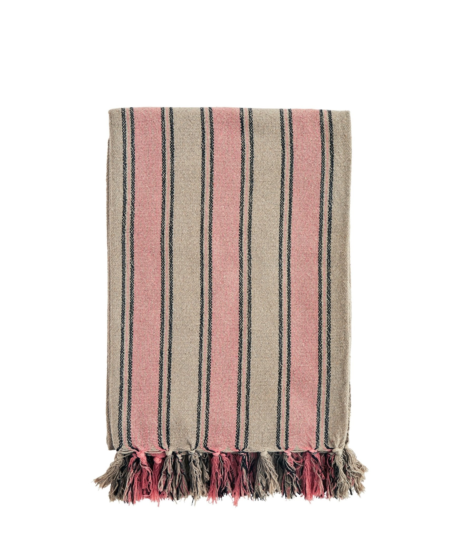 Striped woven taupe and coral throw/ blanket with fringes - Natalia Willmott