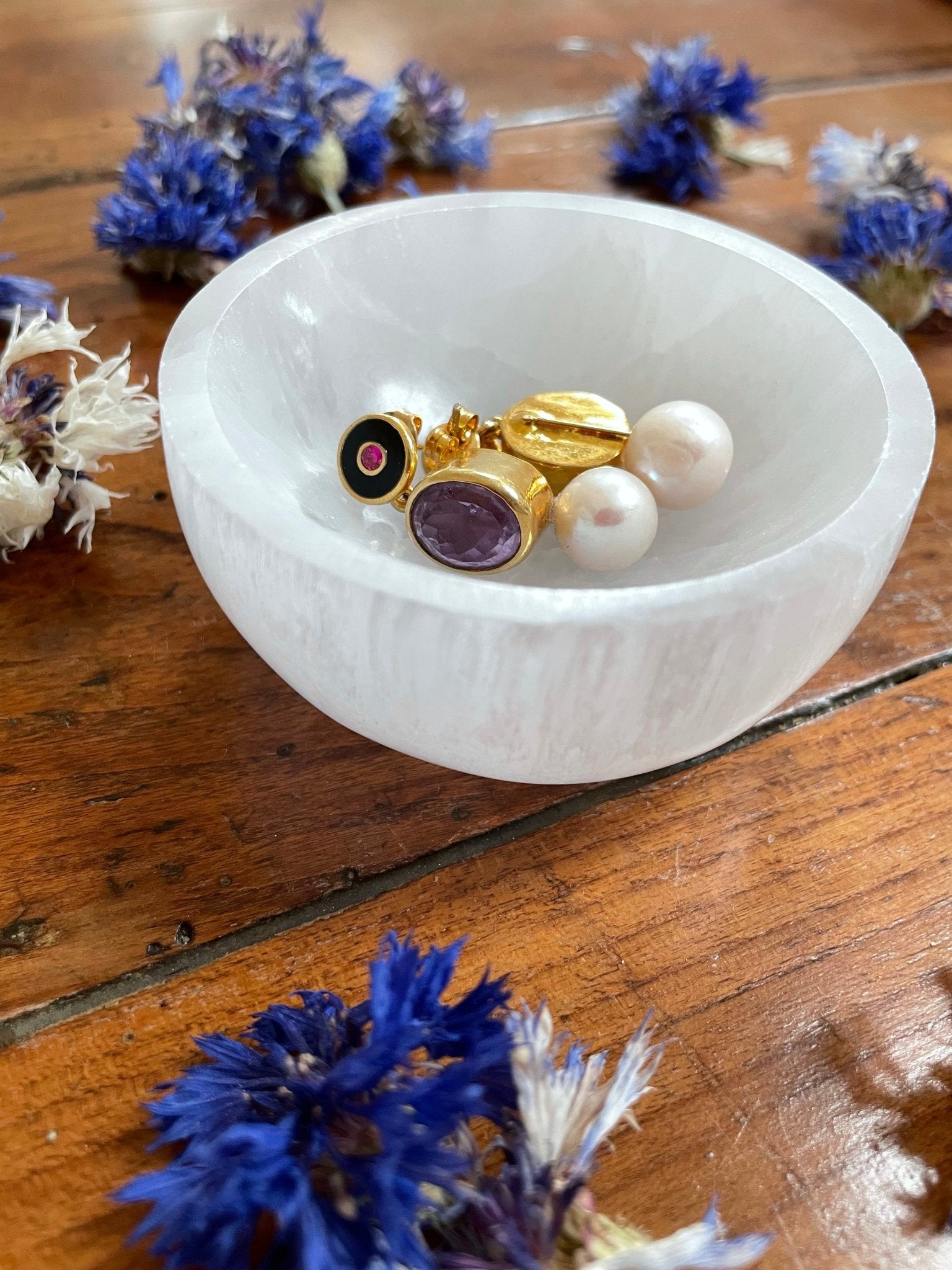 Tourmaline, enamel, amethyst , fresh water pearl pendant earrings - Natalia Willmott