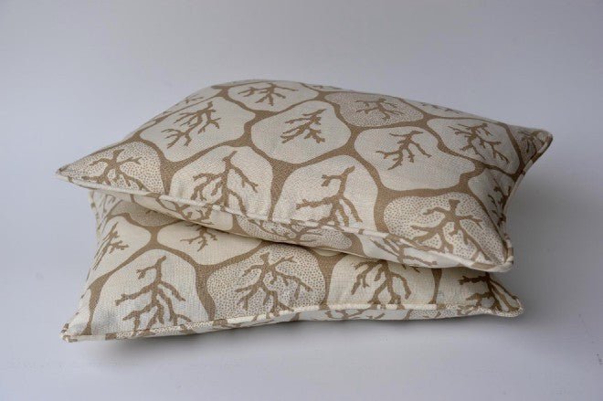 White linen cushions with coral design - Natalia Willmott