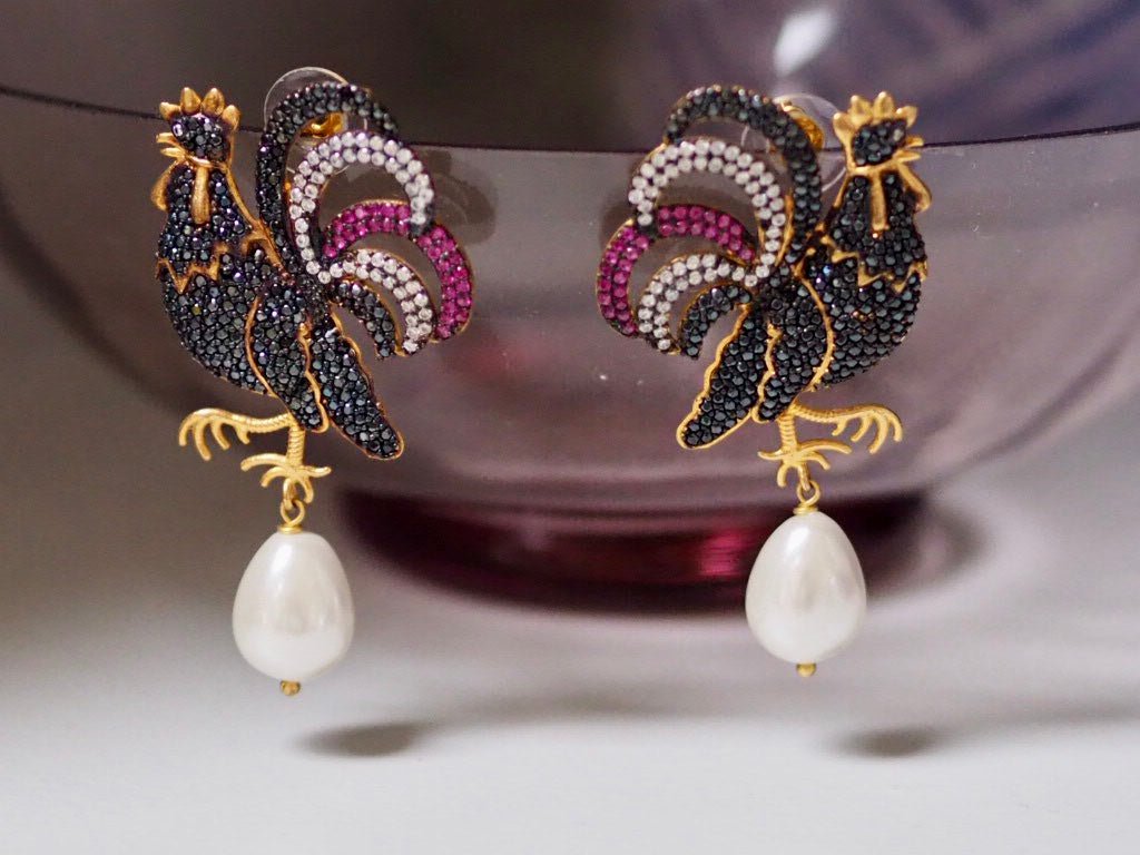 zircon cockerel earrings with Tahitian Pearl - Natalia Willmott