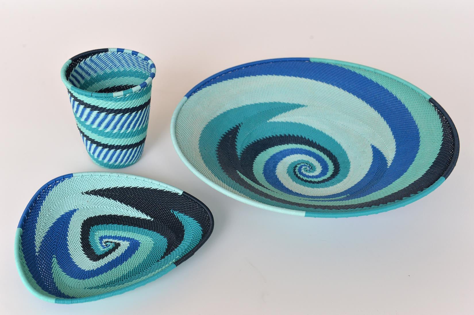 Zulu basket plates and cup - blues & turquoise - Natalia Willmott