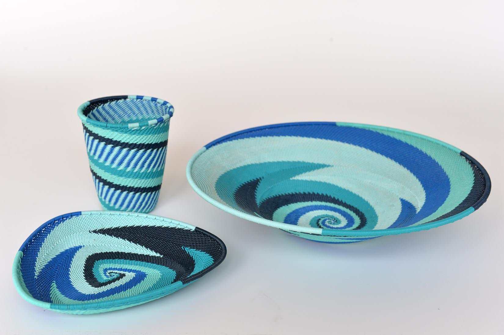 Zulu basket plates and cup - blues & turquoise - Natalia Willmott